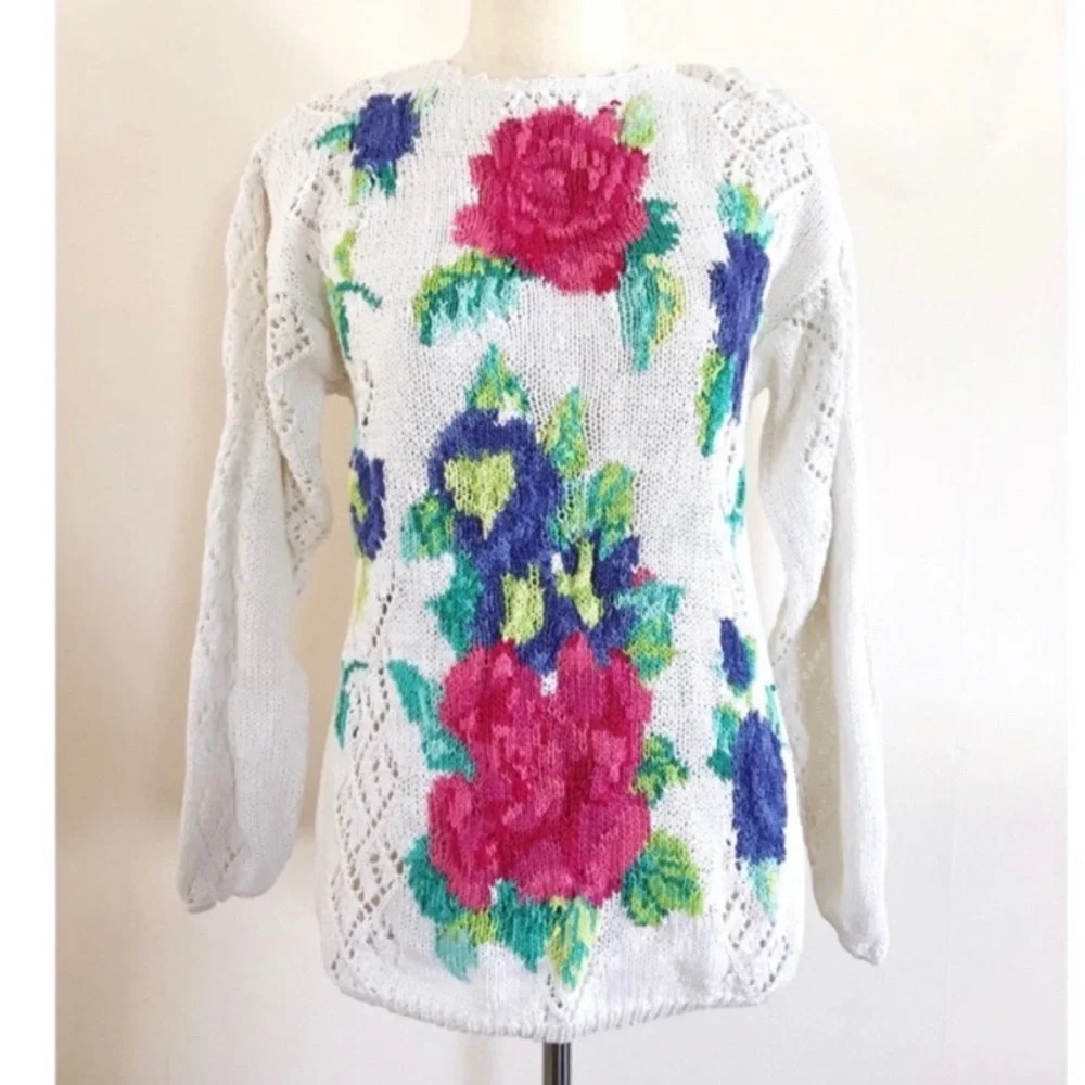 Vintage 90s Rose Sweater Sz M Cotton Ramie Floral Pink White Cottagecore